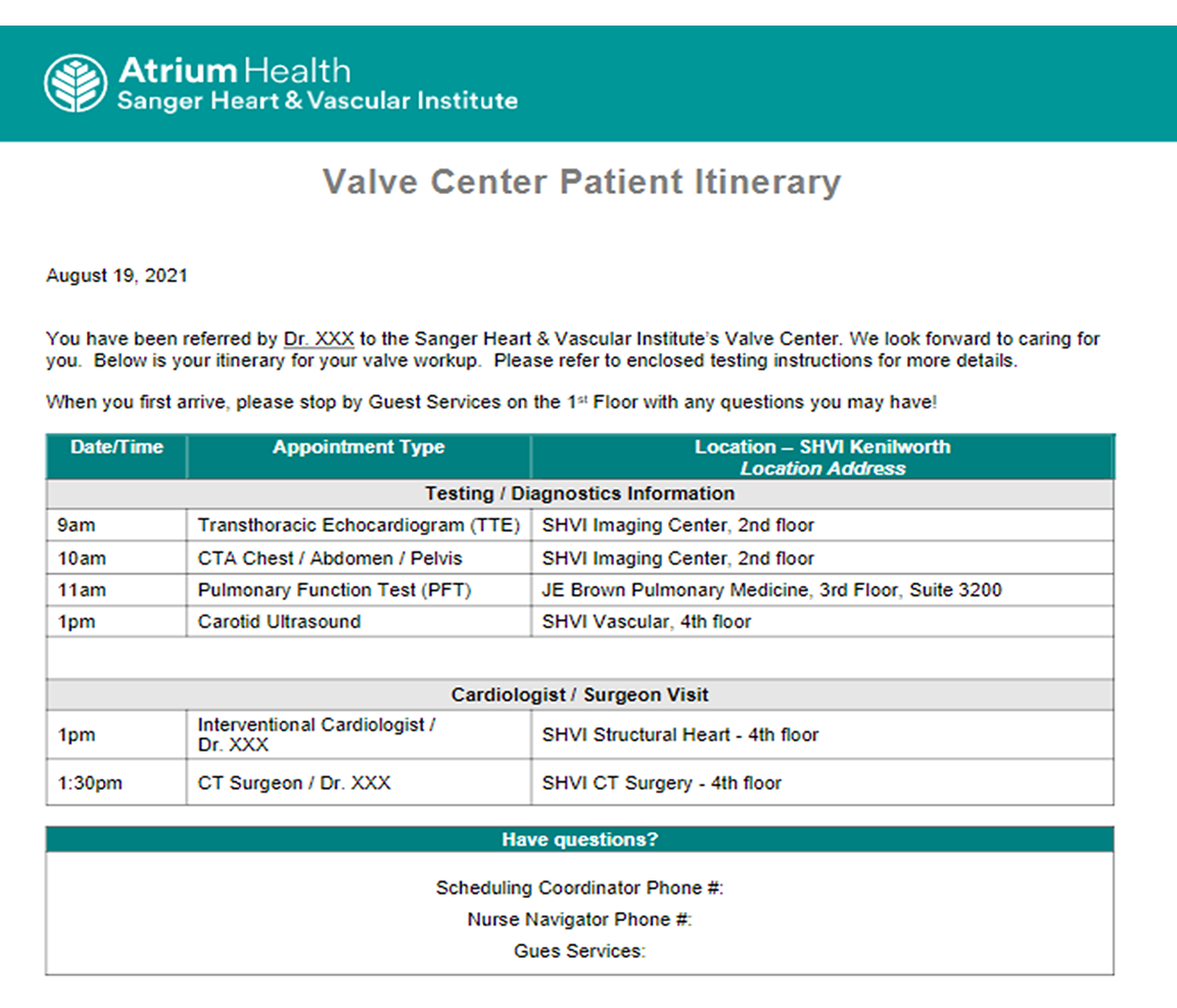 Atrium Health Sanger Heart and Vascular Institute patient itinerary
